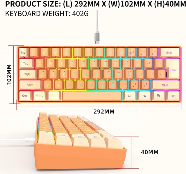 Alt view image 3 of 7 - Snpurdiri 60% Wired Gaming Keyboard, RGB Backlit Ultra-Compact Mini Gaming Keyboard for PC/Mac Gamer, Typist, Travel (Cream and Orange)