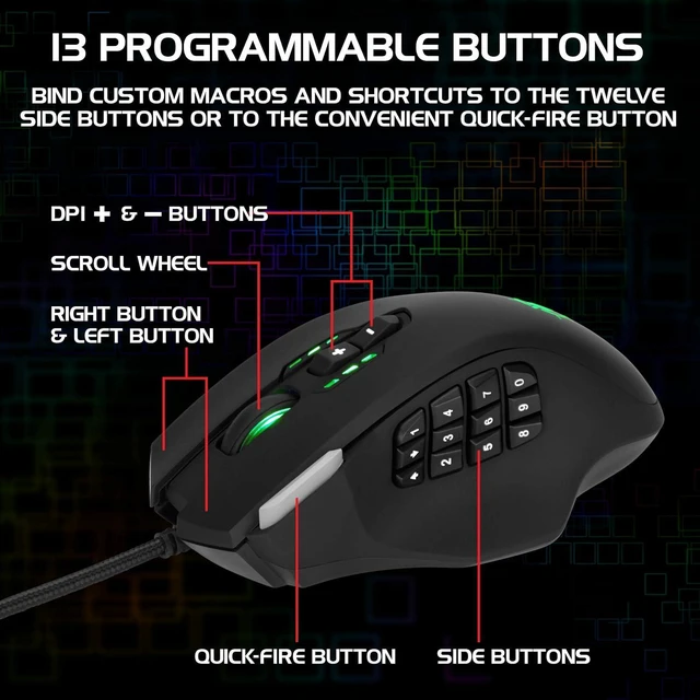 Alt view image 2 of 7 - ENHANCE Theorem 2 MMO Mouse with 13 Programmable Side Buttons - RGB Gaming Mouse with 6 Customizable DPI Settings, 5 Gaming Profiles, Quick Fire Button, Wired, Ergonomic - Black