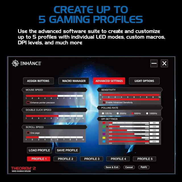Alt view image 6 of 7 - ENHANCE Theorem 2 MMO Mouse with 13 Programmable Side Buttons - RGB Gaming Mouse with 6 Customizable DPI Settings, 5 Gaming Profiles, Quick Fire Button, Wired, Ergonomic - Black