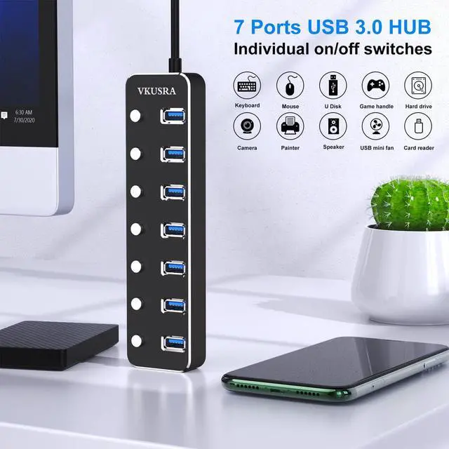 Alt view image 2 of 7 - USB Hub,VKUSRA 7 Port USB Hub 3.0 with 4ft USB Long Cable Multiple Port,Individual USB On/Off Switch and LED Indicator,USB Splitter for Laptop & PC
