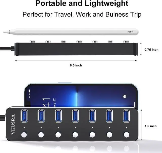 Alt view image 6 of 7 - USB Hub,VKUSRA 7 Port USB Hub 3.0 with 4ft USB Long Cable Multiple Port,Individual USB On/Off Switch and LED Indicator,USB Splitter for Laptop & PC
