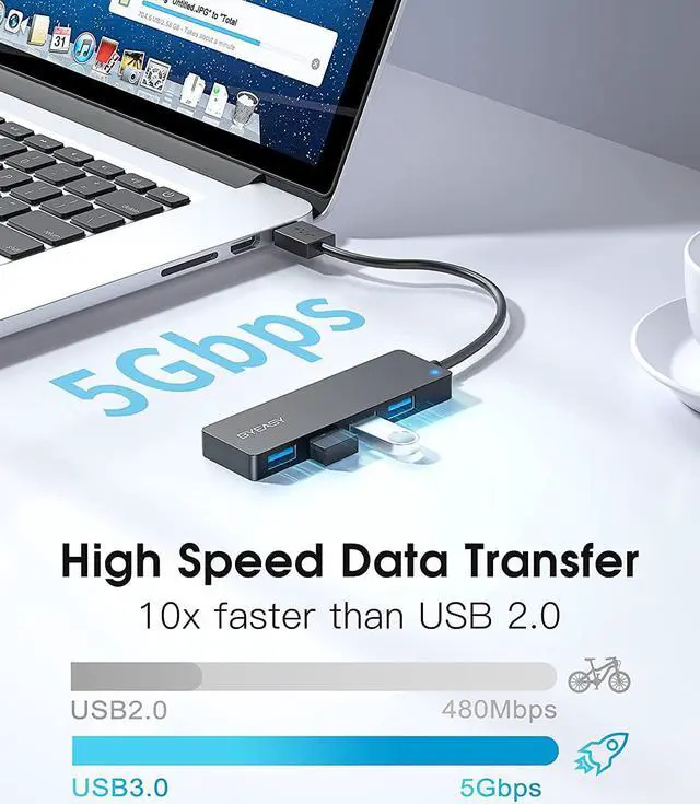 Alt view image 3 of 7 - BYEASY USB Hub, 4 Port USB 3.0 Hub, Ultra Slim Portable Data Hub Applicable for iMac Pro, MacBook Air, Mac Mini/Pro, Surface Pro, Notebook PC, Laptop, USB Flash Drives, and Mobile HDD (Leather Black)