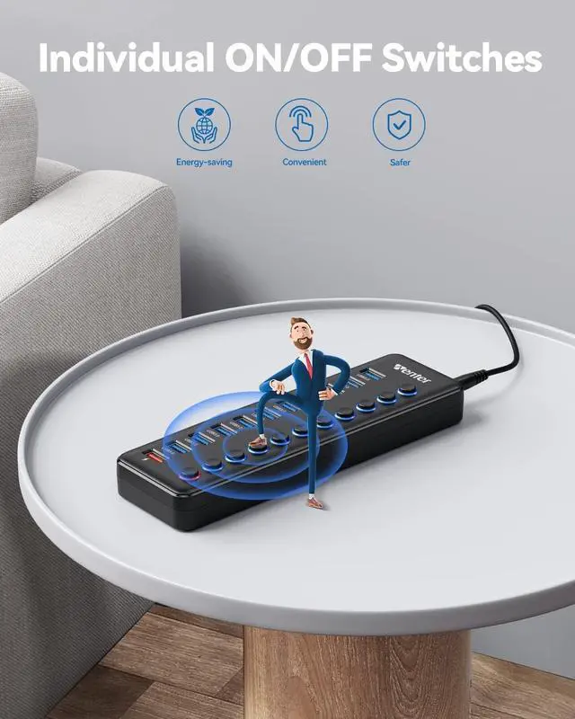 Alt view image 4 of 7 - Powered USB Hub, Wenter 11-Port USB Splitter Hub (10 Faster Data Transfer Ports+ 1 Smart Charging Port) with Individual LED On/Off Switches, USB Hub 3.0 Powered with Power Adapter for Mac, PC