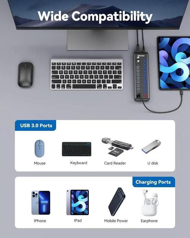 Alt view image 7 of 7 - Powered USB Hub, Wenter 11-Port USB Splitter Hub (10 Faster Data Transfer Ports+ 1 Smart Charging Port) with Individual LED On/Off Switches, USB Hub 3.0 Powered with Power Adapter for Mac, PC