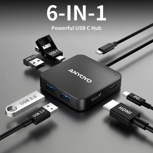Alt view image 2 of 7 - USB C Hub, 6 in 1 USB Splitter Adapter with 4K 30Hz HDMI, 100W PD, 3 USB A 3.0, 1 USB C 3.0, HDMI to USB C Multiport Adapter, USB C HDMI Hub for MacBook Pro/Air and Other USB C Devices