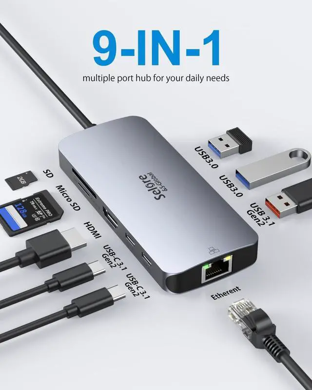 Alt view image 2 of 7 - USB C Adapters for MacBook Pro/Air, Selore 9 in 1 USB C Hub with 4K HDMI, 2 * 10Gbps USB-C 3.1 GEN2 Port, 1Gbps Ethernet, USB 3.1 10Gbps Data Ports, 2*USB 3.0 dongle for Dell, HP and More