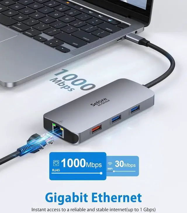 Alt view image 5 of 7 - USB C Adapters for MacBook Pro/Air, Selore 9 in 1 USB C Hub with 4K HDMI, 2 * 10Gbps USB-C 3.1 GEN2 Port, 1Gbps Ethernet, USB 3.1 10Gbps Data Ports, 2*USB 3.0 dongle for Dell, HP and More