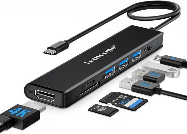 Main image of Lemorele USB C Hub, Type-C Hub Adapter 7 in 1 with HDMI 4K@30Hz, 100W PD Charging, 1 USB3.0 5Gbps Data Port, 2 USB 2.0, SD/TF, USB C Multiport Dongle for MacBook/ChromeBook/Dell/HP/Lenovo
