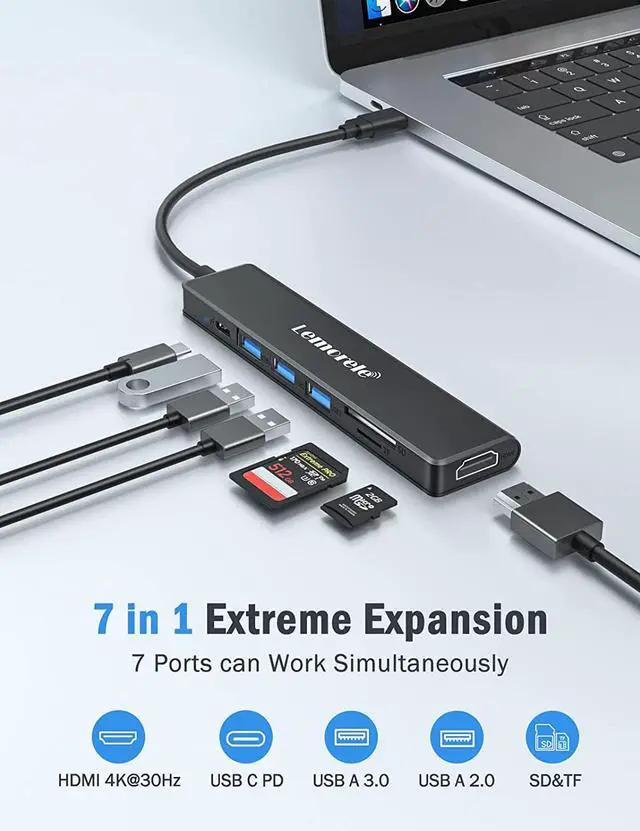 Alt view image 2 of 7 - Lemorele USB C Hub, Type-C Hub Adapter 7 in 1 with HDMI 4K@30Hz, 100W PD Charging, 1 USB3.0 5Gbps Data Port, 2 USB 2.0, SD/TF, USB C Multiport Dongle for MacBook/ChromeBook/Dell/HP/Lenovo