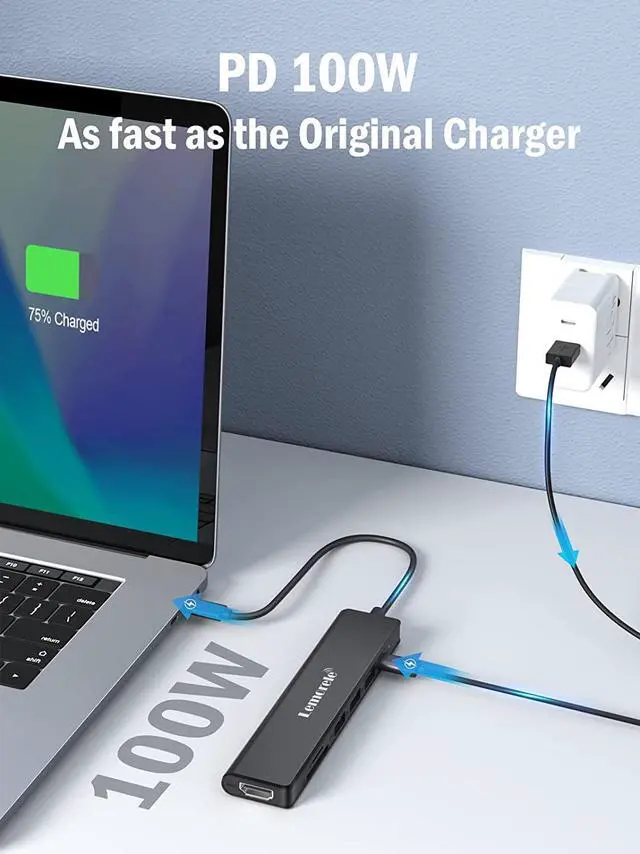 Alt view image 5 of 7 - Lemorele USB C Hub, Type-C Hub Adapter 7 in 1 with HDMI 4K@30Hz, 100W PD Charging, 1 USB3.0 5Gbps Data Port, 2 USB 2.0, SD/TF, USB C Multiport Dongle for MacBook/ChromeBook/Dell/HP/Lenovo