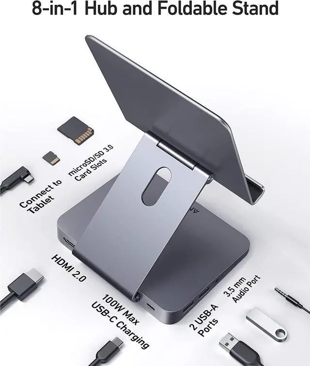 Alt view image 3 of 7 - Anker 551 8-in-1 iPad USB C Hub, with Foldable Tablet Stand, Power Delivery Input, 4K HDMI, 2 USB-A Data Ports, 3.5 mm AUX, and microSD/SD Card Slots, for iPad Pro and More USB-C Tablets
