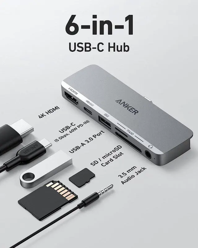 Alt view image 3 of 7 - Anker USB C Hub for iPad, 541 USB-C Hub (6-in-1), with 4K HDMI Port, Multi-Function USB-C Port, USB-A Data Port, SD and microSD Card Slots, and 3.5 mm Audio Jack (Gray)