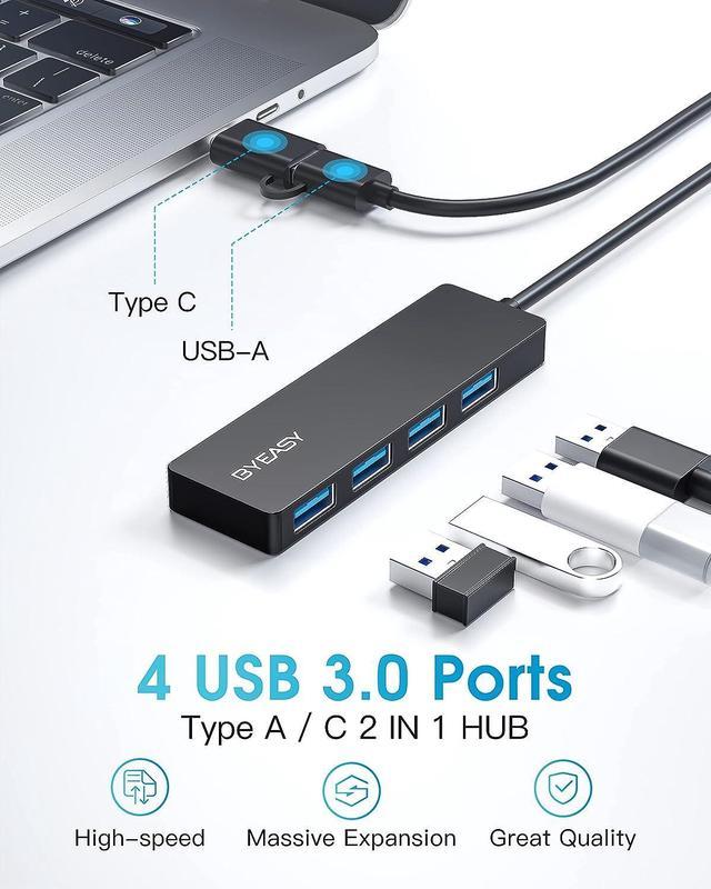 BYEASY USB Hub, USB 3.1 C to USB 3.0 Hub with 4 Ports and 2ft Extended