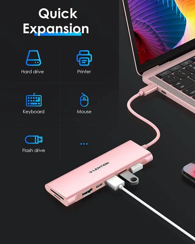 Alt view image 6 of 7 - USB C Multiport Hub with 4K HDMI 3 USB 3.0 SD/Micro SD Card Reader 100W PD Compatible 2024-2016 MacBook Pro New Mac Air Other Type C Devices Stable Driver Adapter (CB-C36B Rose Gold)