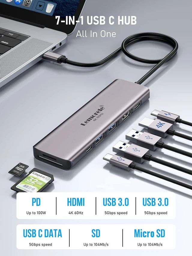 Alt view image 2 of 7 - USB C Hub Multiport Adapter,7-in-1 4K 60Hz HDMI Docking Station, 100W PD, SD/TF 3.0 Slots, 2 USB 3.0 & USB C 3.0 5Gbps Data Ports, for MacBook, iPad, Surface, XPS, ChromeBook