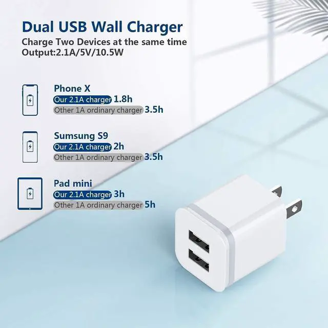 Alt view image 3 of 7 - USB Wall Charger, LUOATIP 3-Pack 2.1A/5V Dual Port USB Cube Power Adapter Charger Plug Block Charging Box Brick for iPhone 13 12 11 Pro Max SE XS XR X 8 7 6 6S Plus, Samsung, LG, Moto, Android Phones