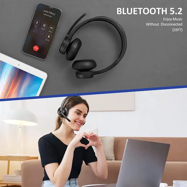 Alt view image 4 of 6 - Bluetooth Headset V5.2 with Adapter, Wireless Headphones with Noise Cancelling Microphone, On Ear Wireless Headset for Cell Phones Laptop Computer