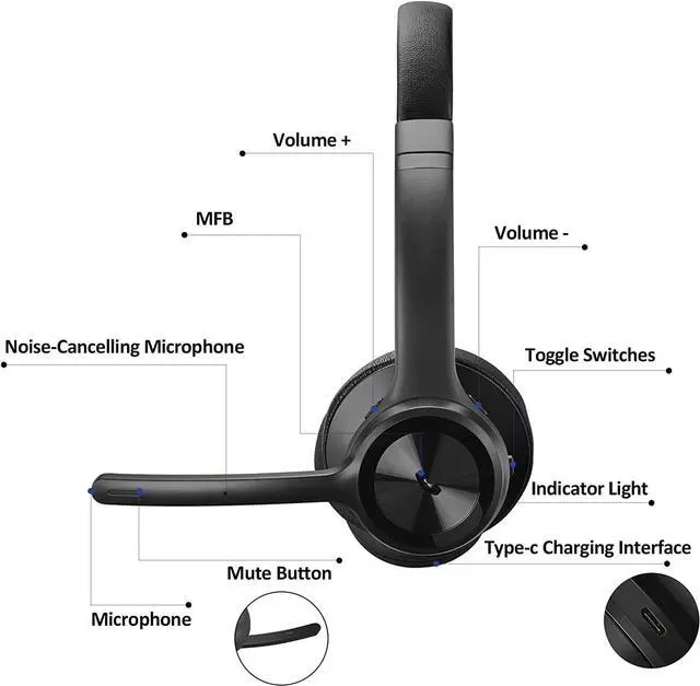 Alt view image 2 of 6 - Bluetooth Headset V5.2 with Adapter, Wireless Headphones with Noise Cancelling Microphone, On Ear Wireless Headset for Cell Phones Laptop Computer