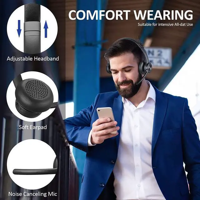 Alt view image 3 of 6 - Bluetooth Headset V5.2 with Adapter, Wireless Headphones with Noise Cancelling Microphone, On Ear Wireless Headset for Cell Phones Laptop Computer