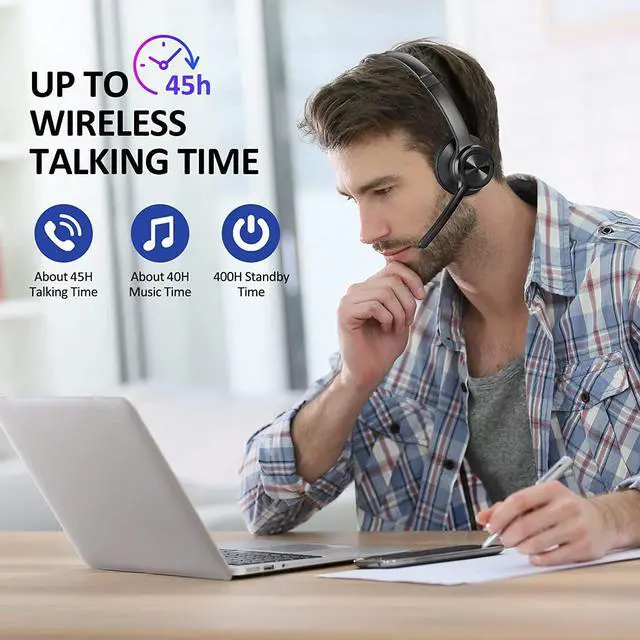 Alt view image 6 of 6 - Bluetooth Headset V5.2 with Adapter, Wireless Headphones with Noise Cancelling Microphone, On Ear Wireless Headset for Cell Phones Laptop Computer