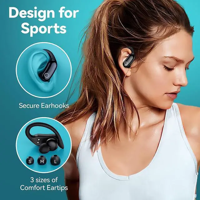 Alt view image 3 of 7 - GNMN Bluetooth Headphones Wireless Earbuds 80hrs Playback IPX7 Waterproof Ear Buds Over-Ear Stereo Bass Earphones with Earhooks Microphone LED Battery Display for Sports/Workout/Gym/Running Black