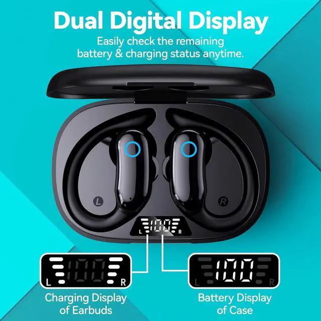 Alt view image 2 of 7 - GNMN Bluetooth Headphones Wireless Earbuds 80hrs Playback IPX7 Waterproof Ear Buds Over-Ear Stereo Bass Earphones with Earhooks Microphone LED Battery Display for Sports/Workout/Gym/Running Black