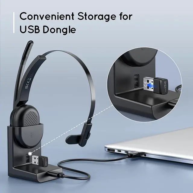 Alt view image 6 of 7 - Bluetooth Headset, Wireless Headphones with AI-Powered Environmental Noise Cancelling Microphone (ENC) & Fast Charging Stand, Lightweight, 45Hrs On-Ear Headphone with USB Dongle for PC (Black)