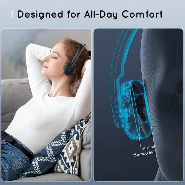 Alt view image 7 of 7 - Bluetooth Headset, Wireless Headphones with AI-Powered Environmental Noise Cancelling Microphone (ENC) & Fast Charging Stand, Lightweight, 45Hrs On-Ear Headphone with USB Dongle for PC (Black)