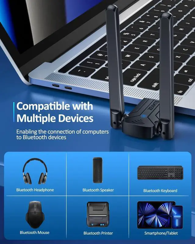 Alt view image 6 of 7 - ZEXMTE USB Bluetooth Adapter for PC, Long Range Bluetooth USB Adapter for Windows 11/10, 492FT/150M Bluetooth Dongle 5.1 EDR, Plug & Play for Desktop, Laptop, Printers, Mouse, Speakers