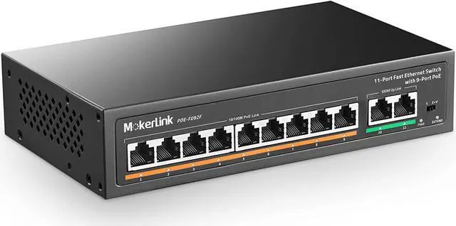 Main image of 11 Port PoE Switch with 9 Port PoE+ 2 Fast Ethernet UpLink 10/100Mbps 120W 802.3af/at PoE Fanless Plug & Play Network Switch