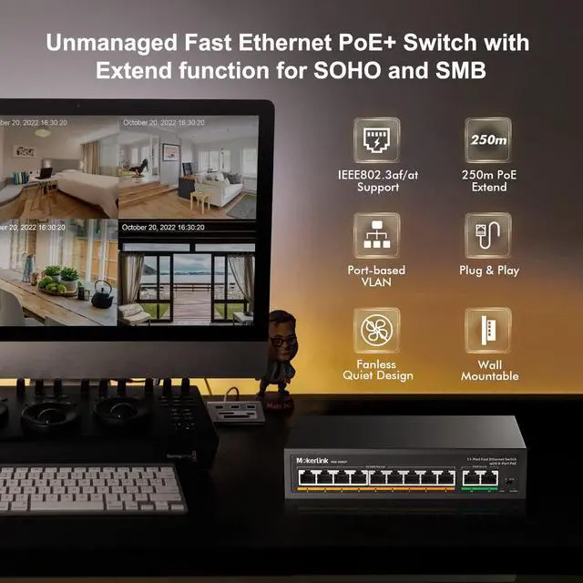 Alt view image 2 of 7 - 11 Port PoE Switch with 9 Port PoE+ 2 Fast Ethernet UpLink 10/100Mbps 120W 802.3af/at PoE Fanless Plug & Play Network Switch