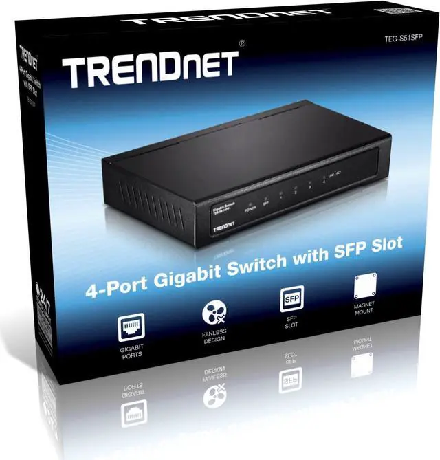 Alt view image 7 of 7 - TRENDnet 4-Port Gigabit Switch with SFP Slot, TEG-S51SFP, 10 Gbps Switching Capacity, Fanless, 802.1p QoS, Rear Facing Ports, Metal Housing, Network Ethernet Switch, Lifetime Protection, Black