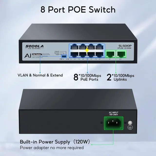 Alt view image 2 of 7 - 8 Port PoE Switch 100Mbps/8 PoE+ Port,2 Ethernet Uplink,120W 802.3af/at, Extend Function, Fanless Metal Plug & Play Unmanaged Network Switch