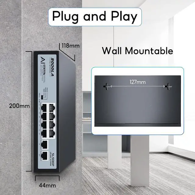Alt view image 7 of 7 - 8 Port PoE Switch 100Mbps/8 PoE+ Port,2 Ethernet Uplink,120W 802.3af/at, Extend Function, Fanless Metal Plug & Play Unmanaged Network Switch
