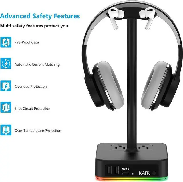 Alt view image 6 of 7 - KAFRI RGB Headphone Stand with USB A&C Charger Desk Gaming Headset Holder Hanger Rack with 3 USB Charging Port and 2 Outlet - Suitable for Gamer Desktop Table Game Earphone Accessories Boyfriend Gifts