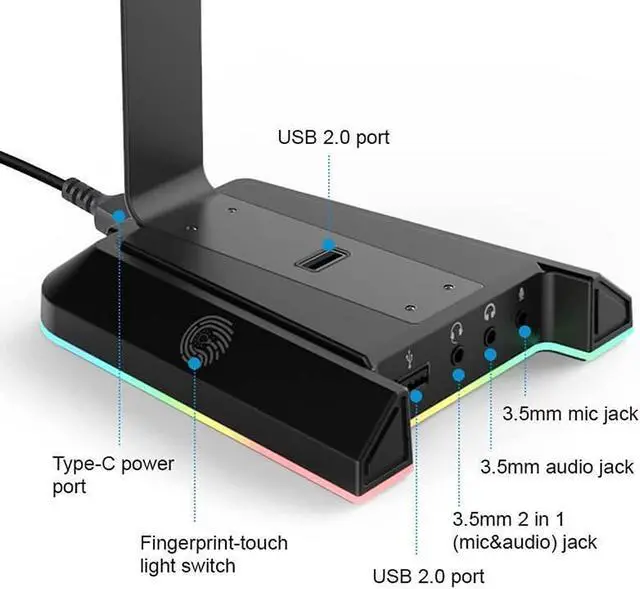 Alt view image 5 of 7 - Headset Stand, Headsets Holder with 7.1 Surround Sound & RGB Light, Gaming Headset Stand with USB & 3.5mm Port, Headphone Stand Perfect Gaming Accessories Gifts for Gamer, Suitable for Most Headphones