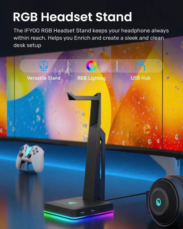 Alt view image 2 of 7 - IFYOO RGB Gaming Headset Stand with 2 USB Ports, Game Headphone Mount for PC, Xbox One, PS4, Switch, Earphone Holder Hanger, Great for Gaming Stations, Fancy Desk Gamer Accessories, Black