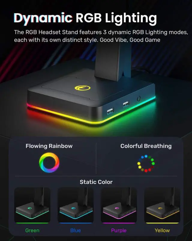 Alt view image 3 of 7 - IFYOO RGB Gaming Headset Stand with 2 USB Ports, Game Headphone Mount for PC, Xbox One, PS4, Switch, Earphone Holder Hanger, Great for Gaming Stations, Fancy Desk Gamer Accessories, Black