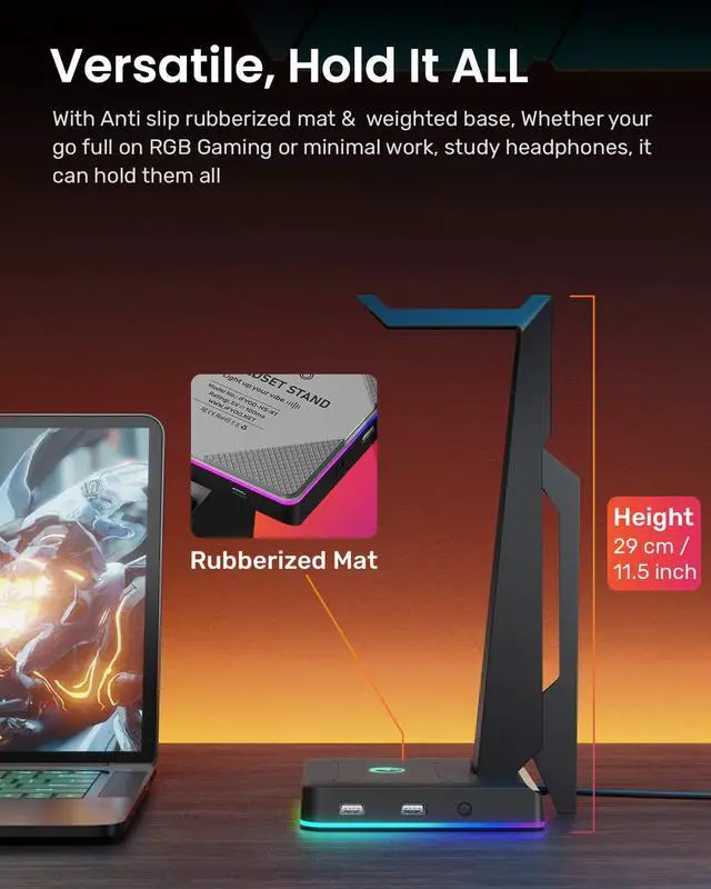 Alt view image 5 of 7 - IFYOO RGB Gaming Headset Stand with 2 USB Ports, Game Headphone Mount for PC, Xbox One, PS4, Switch, Earphone Holder Hanger, Great for Gaming Stations, Fancy Desk Gamer Accessories, Black