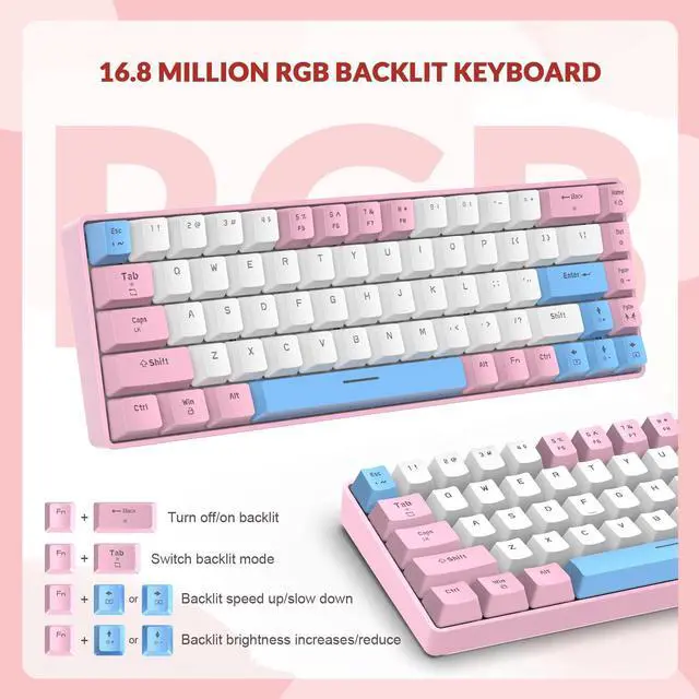 Alt view image 3 of 7 - T8 60% Gaming Keyboard,68 Keys Compact Mini Wired Mechanical Keyboard with 18 Chroma RGB Backlit,Blue Switch,USB C Coiled Keyboard Cable,for PC,Laptop,Mac,PS4,Xbox-Pink