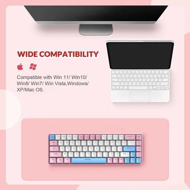 Alt view image 7 of 7 - T8 60% Gaming Keyboard,68 Keys Compact Mini Wired Mechanical Keyboard with 18 Chroma RGB Backlit,Blue Switch,USB C Coiled Keyboard Cable,for PC,Laptop,Mac,PS4,Xbox-Pink