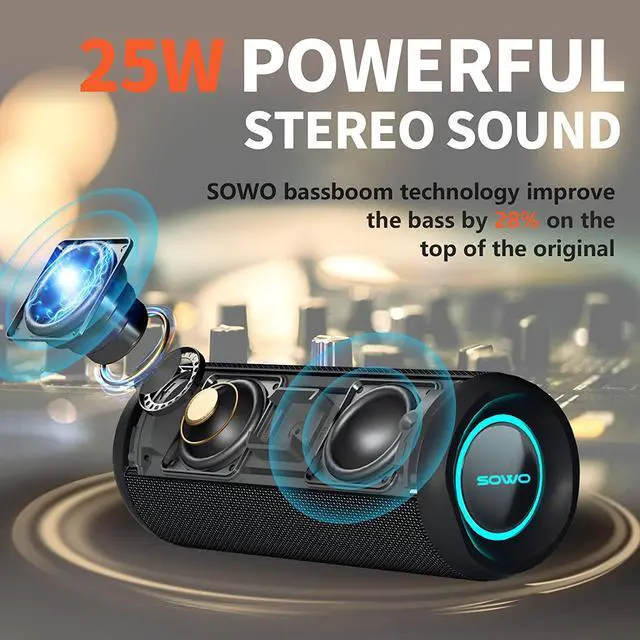 Alt view image 2 of 7 - Portable Speaker, Wireless Bluetooth Speaker, IPX7 Waterproof, 25W Loud Stereo Sound, Bassboom Technology, TWS Pairing, Built-in Mic, 16H Playtime with Lights for Home Outdoor - Black