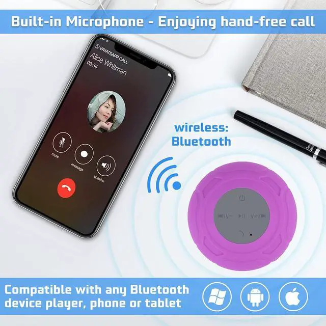 Alt view image 3 of 6 - Bluetooth Shower Speaker Waterproof Portable Wireless Water-Resistant Speaker Suction Cup,Built-in Mic Speakerphone for iPhone Phone Tablet Bathroom Kitchen - Purple
