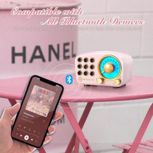 Alt view image 4 of 7 - Retro Bluetooth Speaker, Vintage Radio-Greadio FM Radio with Old fashioned Classic Style, Strong Bass Enhancement, Loud Volume, Bluetooth 5.0 Wireless Connection, TF Card and MP3 Player (Pink)