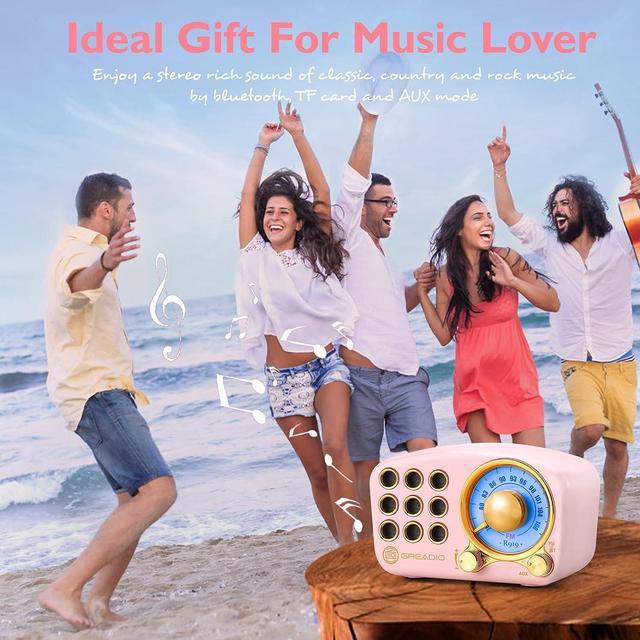 Alt view image 6 of 7 - Retro Bluetooth Speaker, Vintage Radio-Greadio FM Radio with Old fashioned Classic Style, Strong Bass Enhancement, Loud Volume, Bluetooth 5.0 Wireless Connection, TF Card and MP3 Player (Pink)