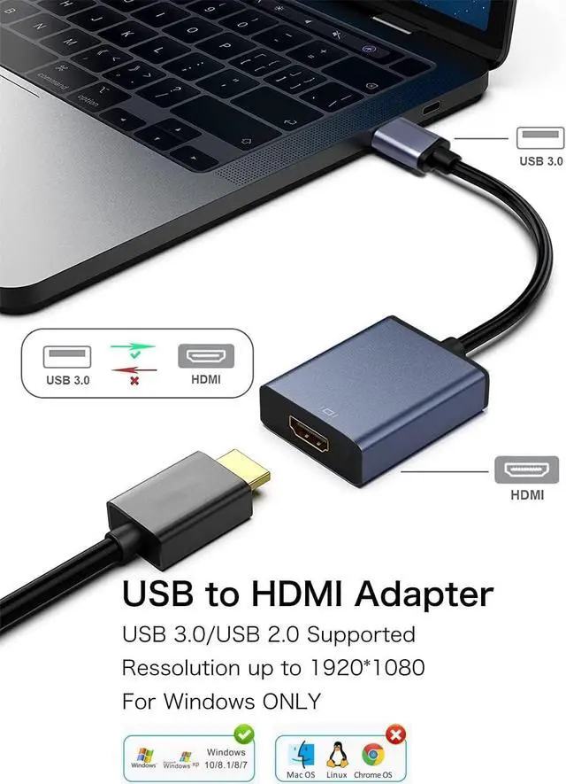 Alt view image 3 of 7 - USB to HDMI Adapter USB 3.0/2.0 to HDMI for Multiple Monitors 1080P Compatible with Windows XP/7/8/10/11-Dark Grey