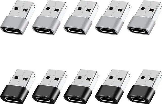 Main image of USB to USB C Adapter 10 Pack USB A to USB C Adapter USBC Female to USBA Male C Charging Cable Converter for iPhone 15/14/13 MacBook Pro Laptop Black+Grey