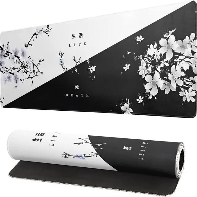 Main image of Black and White Japanese Cherry Blossom Gaming Mouse Pad Sakura Death Life Flower Mat 31.5x11.8 Inch Texture Non-Slip Rubber Base Mousepad Stitched Edges Keyboard Desk Pad for Office Home Game