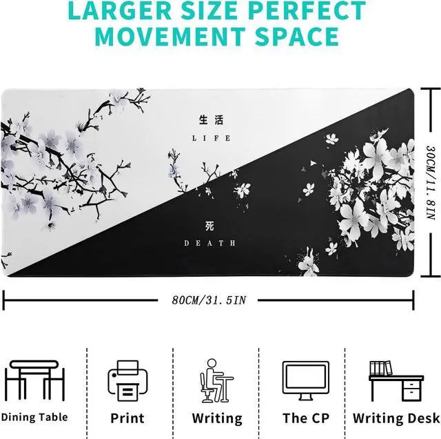 Alt view image 2 of 7 - Black and White Japanese Cherry Blossom Gaming Mouse Pad Sakura Death Life Flower Mat 31.5x11.8 Inch Texture Non-Slip Rubber Base Mousepad Stitched Edges Keyboard Desk Pad for Office Home Game