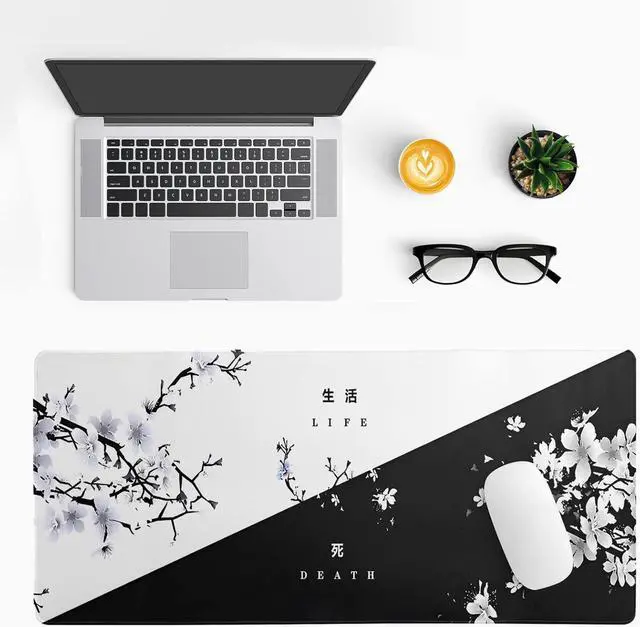Alt view image 3 of 7 - Black and White Japanese Cherry Blossom Gaming Mouse Pad Sakura Death Life Flower Mat 31.5x11.8 Inch Texture Non-Slip Rubber Base Mousepad Stitched Edges Keyboard Desk Pad for Office Home Game